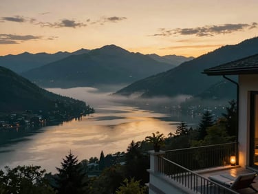 Dramatic mountain range vista from a luxury villa balcony at twilight, soft ambient lighting, high contrast.