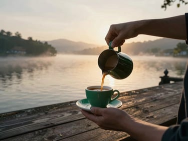 Elegant hands pouring gourmet coffee on a private villa deck, overlooking a serene lake at sunrise, intimate close-up.