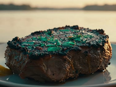 A perfectly seared non-vegetarian main course, rich textures, close-up, warm-lit photography, deep emerald and gold tones.