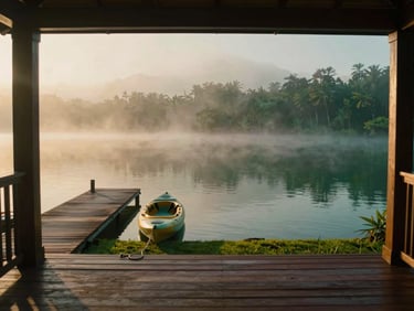 Misty morning view from a private villa deck overlooking Pawana Lake, a single kayak tied to a small dock, cinematic light.