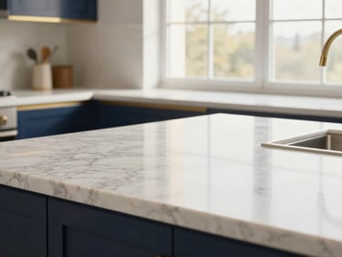 Close-up of a polished marble countertop in a sunlit kitchen, soft golden hour light