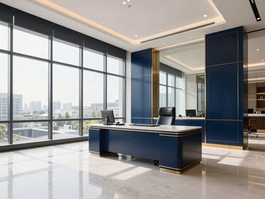 Immaculate modern executive office with glass walls, bright natural daylight, rich navy accents