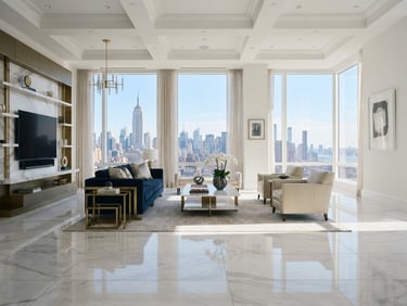 Wide architectural shot of a bright sunlit penthouse living room in Manhattan, immaculate marble floors reflecting soft morning light, minimalist high-end furniture, editorial architectural photography, 35mm