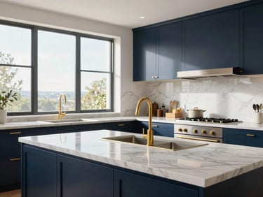 Bright editorial photograph of a modern, immaculate kitchen with polished marble countertops and gold fixtures, natural daylight streaming through large windows, crisp focus.