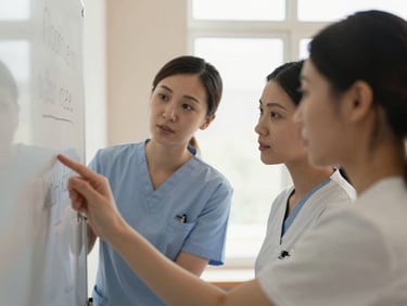 A close-up, over-the-shoulder shot of two nursing managers collaboratively brainstorming solutions on a whiteboard, soft natural window light, authentic expressions of focused interaction.