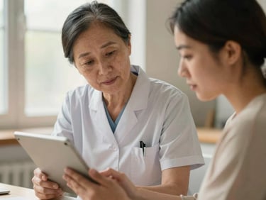 A medium close-up of an experienced nursing leader gently guiding a younger colleague through a complex document, both looking at a tablet, warm natural light, shallow depth of field.