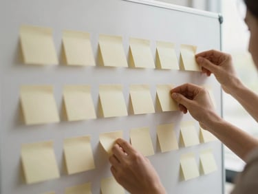 Hands-on shot of several hands arranging sticky notes on a large planning board, indicating project steps, in a calm office setting, soft light.