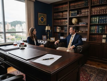 Environmental medium shot of a sophisticated law office interior in Porto Alegre, leather-bound books on dark wood shelving, a gold pen resting on a signed contract document, soft low-contrast daylight filtering through a window, elegant professional atmosphere, 50mm