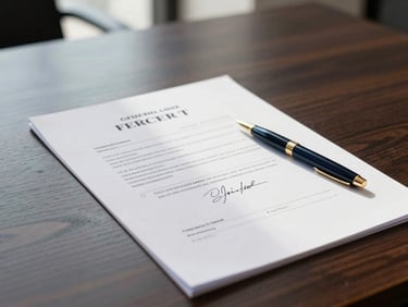 Close-up of signed commercial lease agreement documents on a dark walnut desk, elegant pen, soft morning daylight, professional law office setting