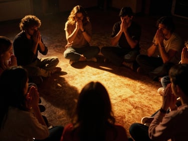 Intense prayer circle in a dark room under dramatic warm golden-hour glow, 35mm