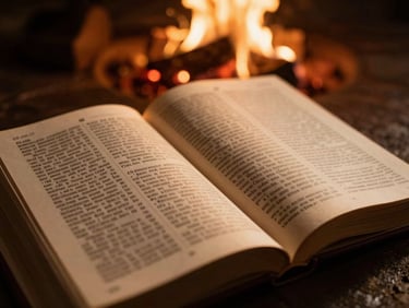Dramatic close-up of open scriptures illuminated by warm firelight, shallow depth of field, 35mm