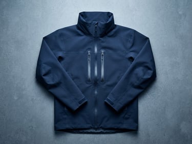 Lay-flat of a Zyntek technical performance jacket, deep navy, precise folds, sharp studio lighting with blue undertones, high contrast, ultra-sharp focus, minimalist background.