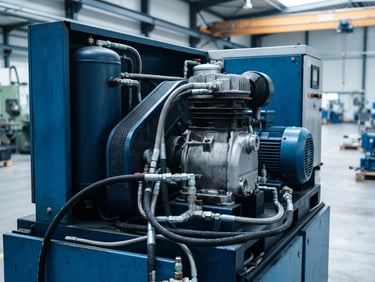 Sharp medium-close up of a heavy-duty rotary screw air compressor, crisp high-contrast industrial studio lighting, cool silver and deep blue tones, high detail, 35mm lens