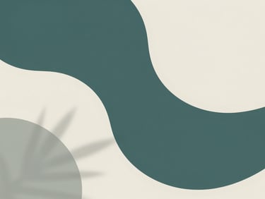 Abstract organic shape in deep teal, with soft, curved lines against an off-white background, minimalist and serene.