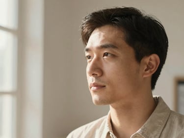 Close-up portrait of a male design engineer looking thoughtful, soft natural north-facing daylight, warm neutral tones