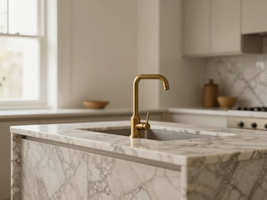 Architectural close-up of a kitchen island made of heavily veined Calacatta marble, brushed brass faucet, indirect daylight