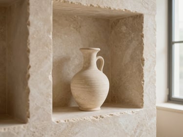Detail of a hand-carved beige sandstone niche holding a single ceramic vessel, warm side light, architectural 35mm