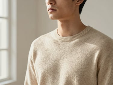 Close-up portrait of a male designer in a warm beige knit sweater, soft daylight, shallow depth of field, minimalist studio background
