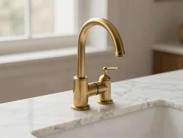 Close-up of a veined white marble countertop with a brushed brass faucet, soft daylight, shallow depth of field