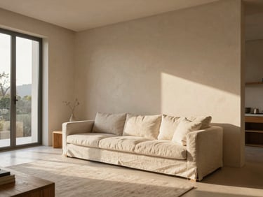 Wide architectural elevation of a sun-drenched minimalist living room, raw plaster walls, neutral linen sofa, oak details, soft golden hour light