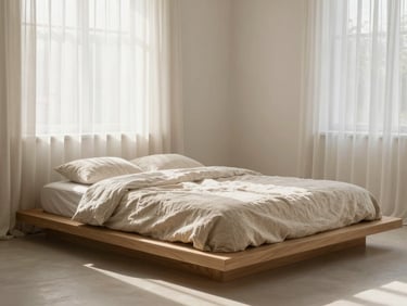 Minimalist bedroom with low oak bed platform, raw linen bedding, soft morning light streaming through sheer curtains