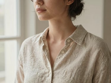 Close-up portrait of a female architect in a neutral linen shirt, soft natural side lighting, warm editorial photography