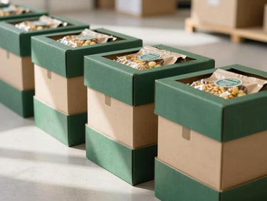 Organized retail boxes and packaged seasonal goods in a clean, professional distribution center.