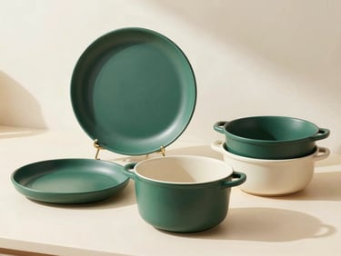 Neatly arranged kitchenware and home organization products in a bright, modern setting, soft shadows.