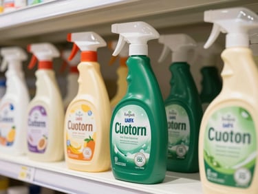 Close-up of high-quality household cleaning product packaging on clean shelves, bright daylight, sharp focus.