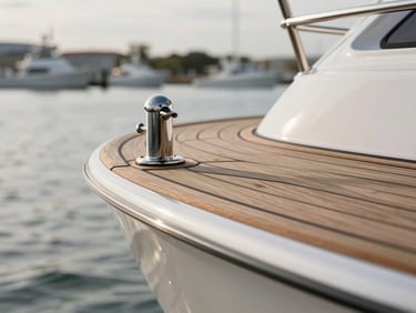 An extreme close-up of immaculate teak decking and polished stainless steel hardware on a yacht stern, soft overcast morning light, Newport harbor in the soft-focus background.