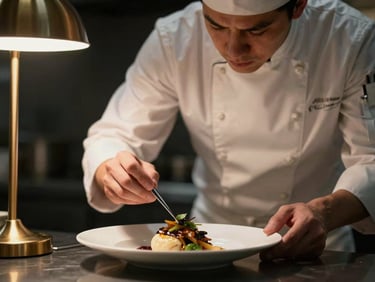 Medium close-up of a professional chef in clean whites garnishing a modern dish under warm pendant lighting, shallow depth of field, moody editorial style