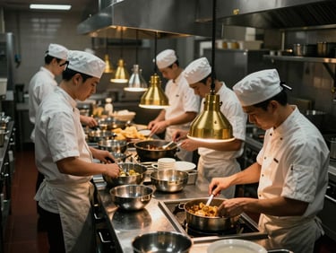Overhead shot of a busy stainless steel cloud kitchen line, chefs in clean white uniforms working under warm heat lamps, 35mm photography