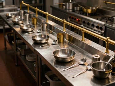 Geometric overhead shot of a clean, organized commercial kitchen line with stainless steel prep tables and organized culinary tools, warm brass accents