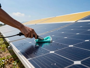 Close-up of a technician cleaning a solar panel with specialized equipment under bright morning sunlight, water droplets reflecting teal light