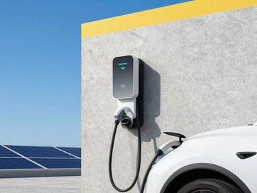 Modern electric vehicle charging station mounted on a concrete wall, sleek teal indicator light active, a clean electric car plugged in