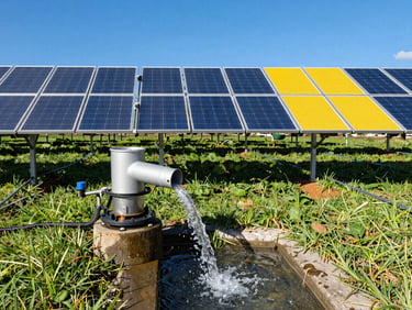 Solar-powered water pumping system on a green farm in Huila, water flowing into an irrigation channel, solar panels in the background