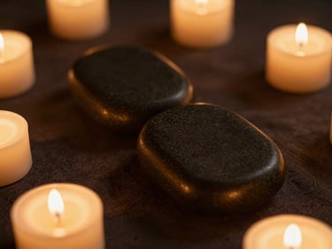 Close-up of warm massage stones on dark linen under low-key candlelight, soft gold highlights