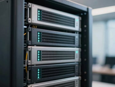 Macro close-up of high-end server rack with precise teal indicator lights, clean structured data lines, cool diffused office daylight, shallow depth of field