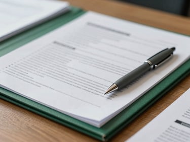 Close-up of highly organized technical documents on a wooden desk, deep green folder, professional slate grey pen, shallow depth of field.