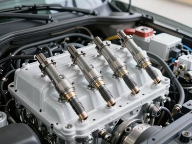 Medium shot of an MPI LPG injector rail assembly installed in an engine bay, four injectors visible in sequence, bright white north-facing daylight, clean workshop environment, no branding visible