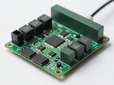 Tight macro shot of an LPG ECU controller board — green PCB with surface-mounted chips, relay blocks, and harness connectors visible under studio strobe light, plain white background, sharp component detail