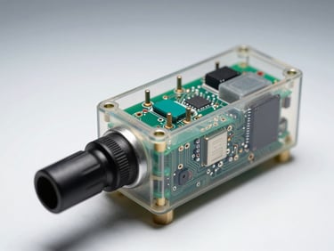 Close-up of a petrol injector emulator module on a white surface, circuit board visible through the translucent housing, studio strobe lighting picking out the component solder joints and connector pins with sharp detail