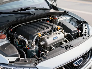 Medium shot of an engine bay on a Geely Emgrand with an LPG injector rail and reducer clearly mounted, shot under bright white north-facing daylight, components in sharp focus against the engine block