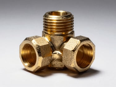 Tight macro shot of a CNC-machined brass valve fitting on a white studio surface, strong directional studio strobe casting sharp shadows that reveal the machined thread detail and hex body geometry