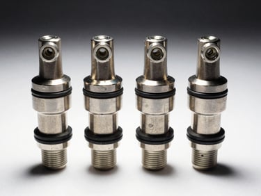 Close-up macro photograph of four LPG gas injectors arranged in a row on a white studio surface, polished metal bodies with rubber O-ring seals visible, bright strobe lighting from above casting sharp shadows, precision components fill the frame