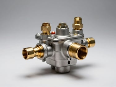 Close-up macro shot of a single-point carburetor LPG mixer assembly on a plain white surface under studio strobe lighting, brass fittings and gas inlet port in sharp focus, neutral background