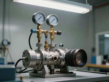 Medium shot of a reducer pressure-test rig, gauges and hose connections clearly visible under white fluorescent workshop lighting, a reducer mounted in the test fixture