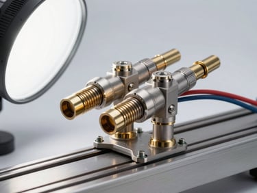 Tight shot of two LPG injectors mounted on a calibration test rail, wiring harness attached, bright white studio strobe light raking across the injector bodies to show surface detail