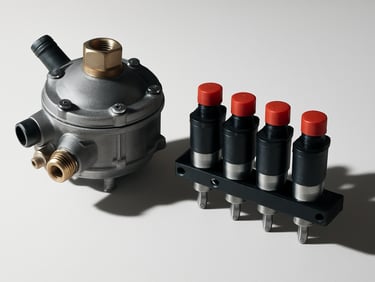 Studio shot of an LPG reducer unit and a row of CNG injectors arranged side by side on a plain white surface, directional strobe light casting sharp shadows that reveal valve threading and injector nozzle detail