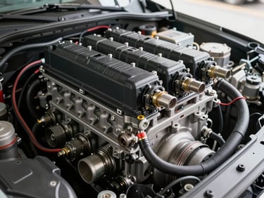 Medium documentation shot of a Chery ACTECO engine with LPG injector rail mounted above intake manifold, ECU wiring harness routed neatly alongside factory loom, bright north-facing workshop daylight, no technician visible — component focus only